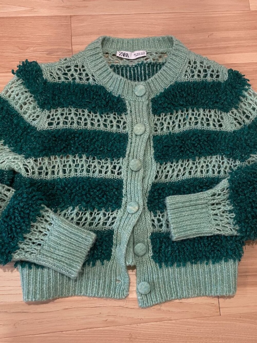 Zara Green Striped Textured Cardigan Chunky Knit Cozy Size Small